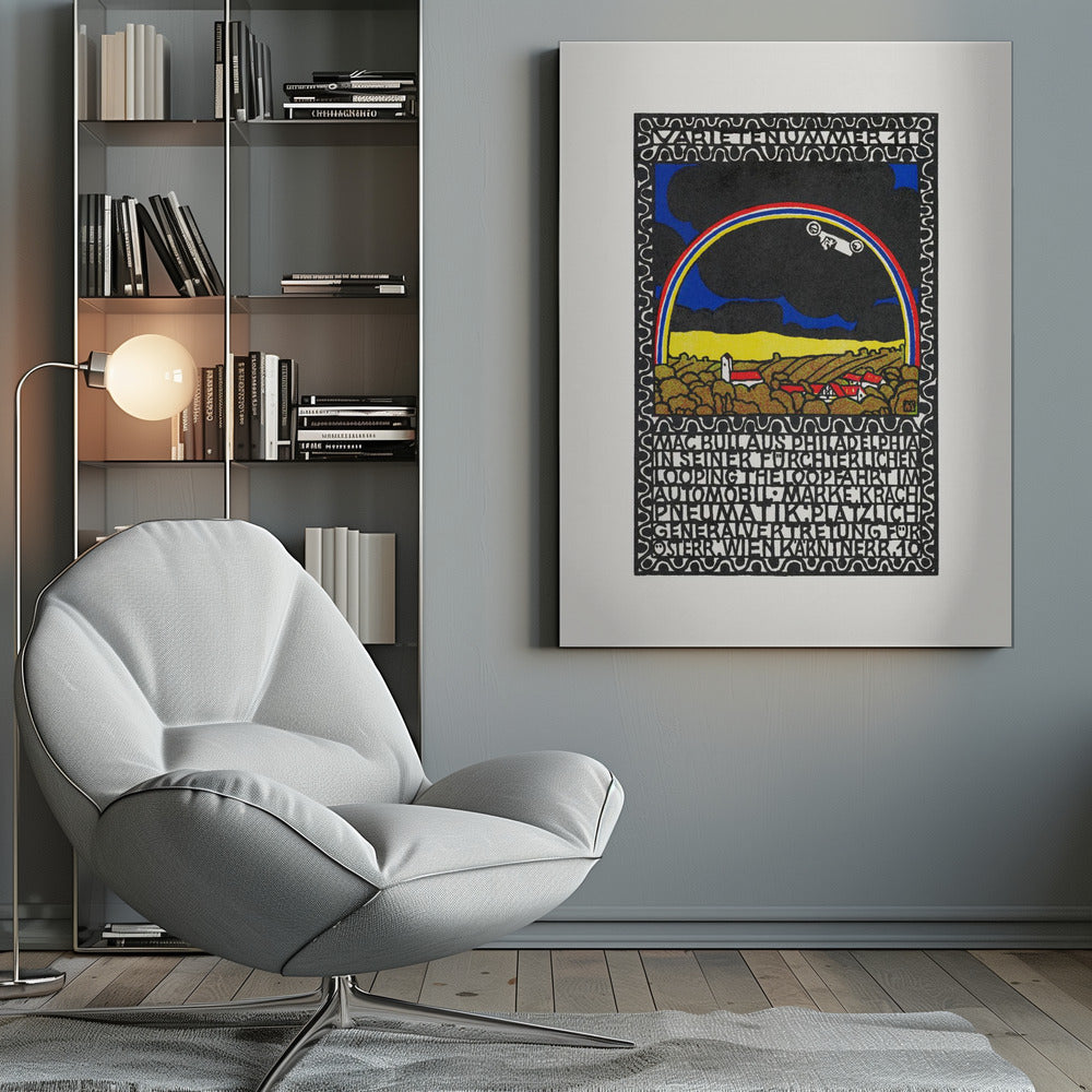 A vintage Art Nouveau style poster featuring a white race car driving along a rainbow arch. Below the rainbow is a stylized landscape of golden hills and red-roofed houses under a dark sky. The artwork is framed by a decorative border and includes large blocks of stylized text. Print