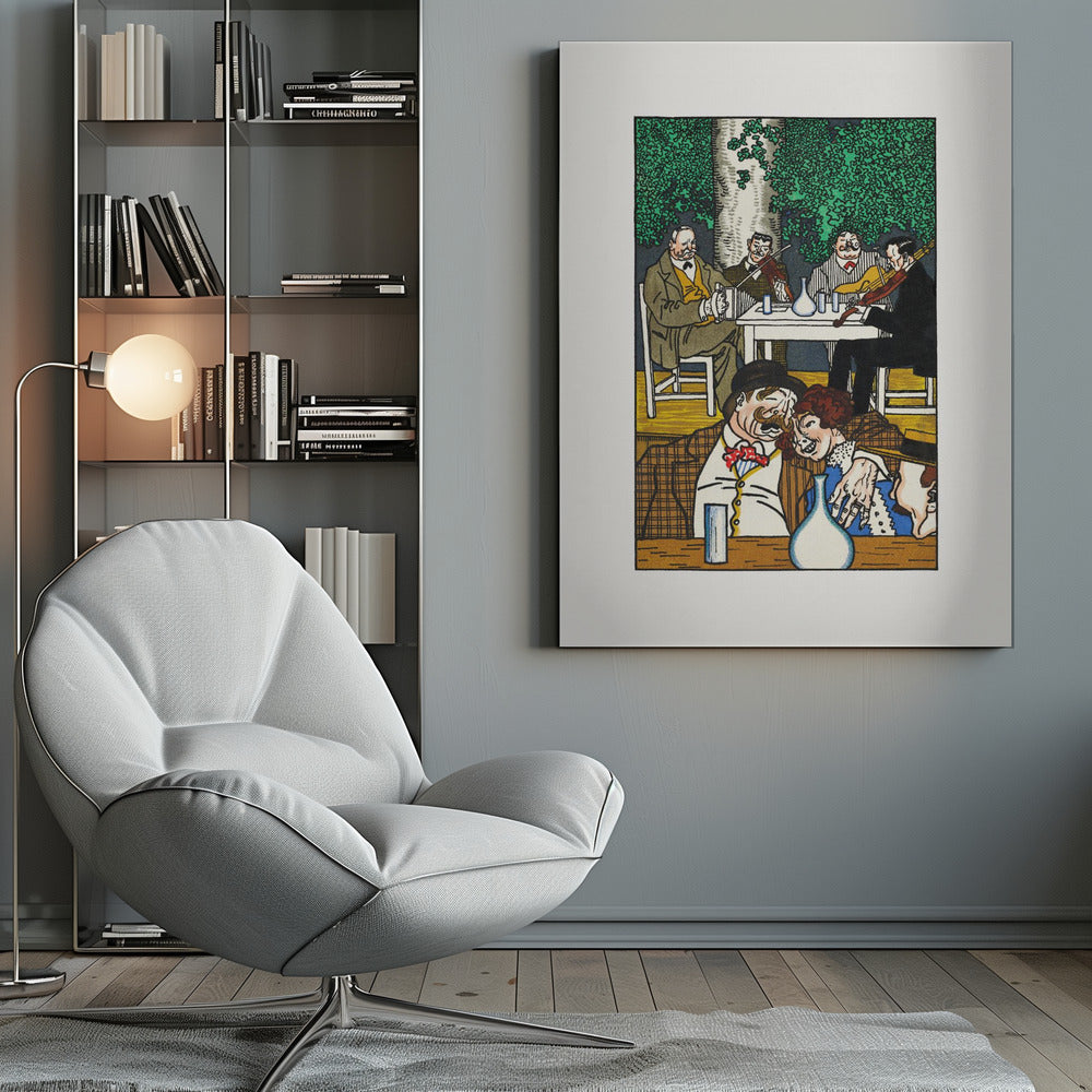 A colorful vintage illustration depicting two lively scenes. In the foreground, a mustached man and a woman are cozied up at a table. In the background, a group of four men sit under a leafy green tree, two of whom are playing violins. The artwork has a graphic, woodcut style and is framed in black. Artwork