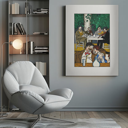 A colorful vintage illustration depicting two lively scenes. In the foreground, a mustached man and a woman are cozied up at a table. In the background, a group of four men sit under a leafy green tree, two of whom are playing violins. The artwork has a graphic, woodcut style and is framed in black. Artwork