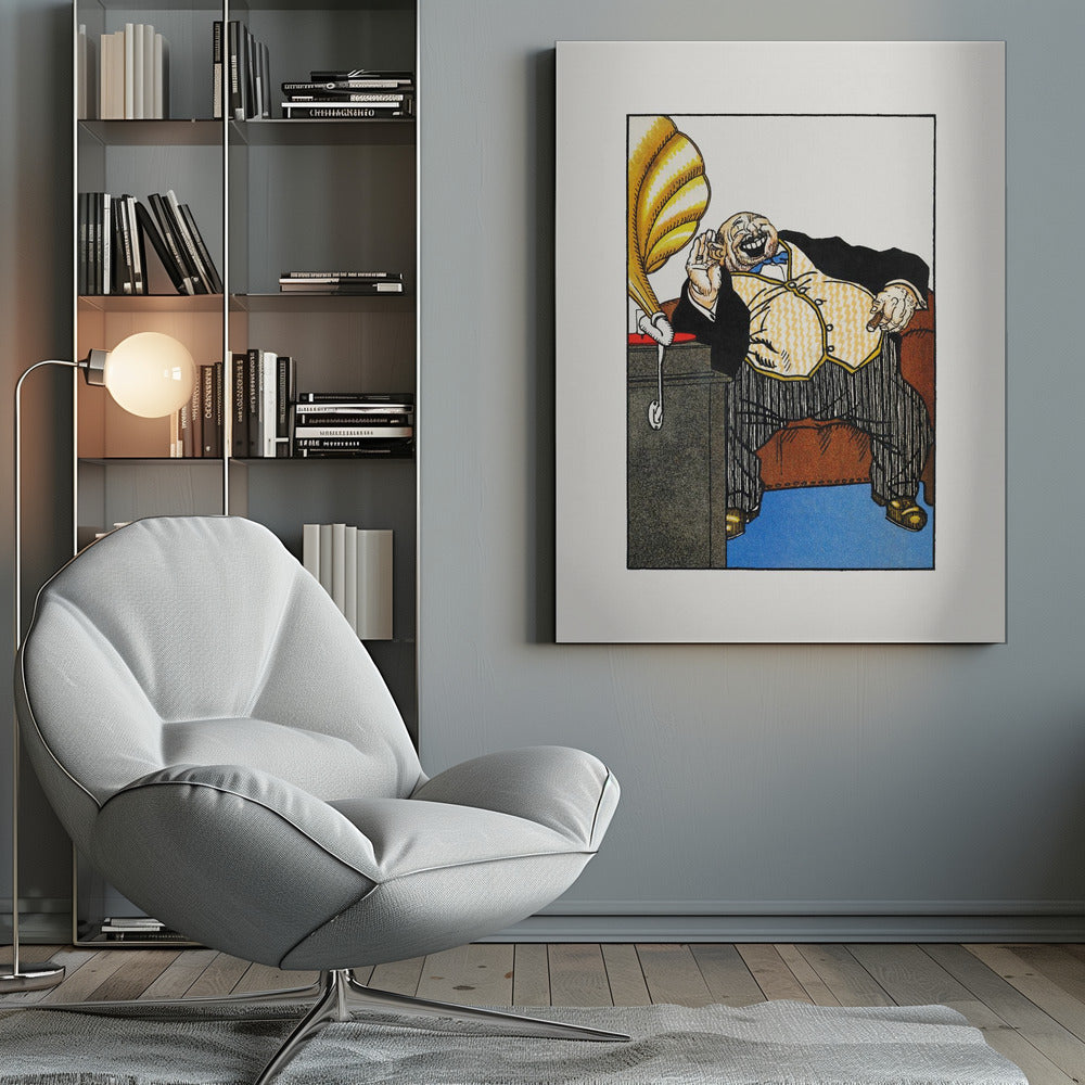 A vintage cartoon illustration of a large, wealthy man in a tuxedo laughing heartily while sitting in a brown armchair. He holds a cigar in one hand and cups his other hand to his ear, listening to a golden gramophone next to him. The artwork is framed in black with a wide white mat. Print
