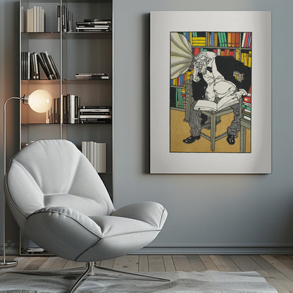 A vintage color illustration of an elderly, bearded scholar in a black suit sitting in his library, surrounded by bookshelves. He is hunched over a book, deep in thought, while a large gramophone horn is pointed directly at his ear. Print