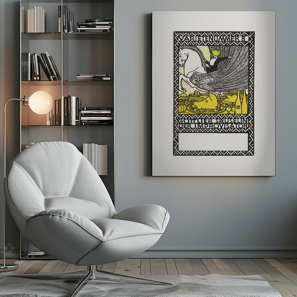A vintage German art print in a black, white, and yellow woodcut style. It depicts a crowned figure riding a white winged horse, or Pegasus, over a lavish yellow feast. The image is framed by a decorative border and includes German text reading 'VARIETENUMMER 8' and 'GOTTLIEB SAUSELINI DER IMPROVISATOR'. Print