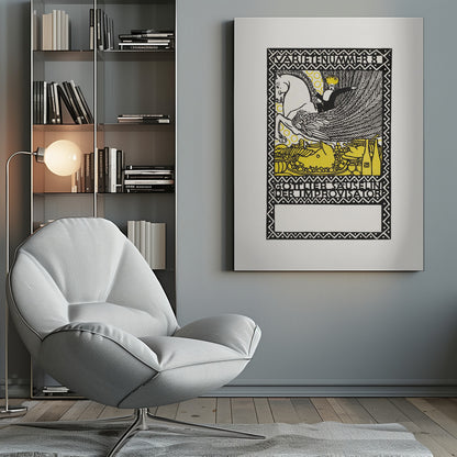 A vintage German art print in a black, white, and yellow woodcut style. It depicts a crowned figure riding a white winged horse, or Pegasus, over a lavish yellow feast. The image is framed by a decorative border and includes German text reading 'VARIETENUMMER 8' and 'GOTTLIEB SAUSELINI DER IMPROVISATOR'. Print