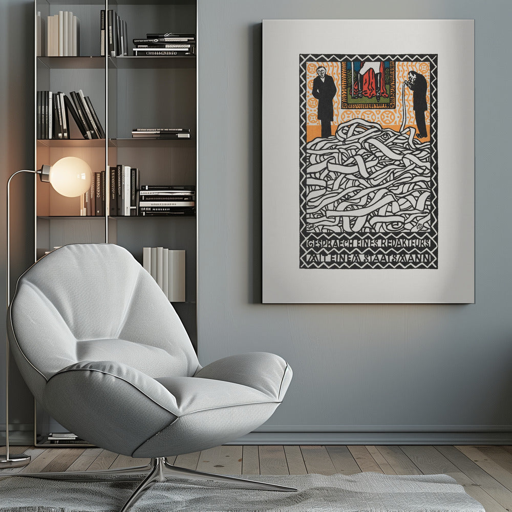 A vintage expressionist woodcut print titled 'Gespräch eines Redakteurs mit einem Staatsmann'. The artwork features two men in black suits standing on either side of a massive, tangled pile of white ticker tape. The man on the right appears to be consuming the tape. Above them is a small, colorful panel depicting a figure in red. The piece is characterized by bold black lines, an orange patterned background, and stylized German text at the bottom. Artwork