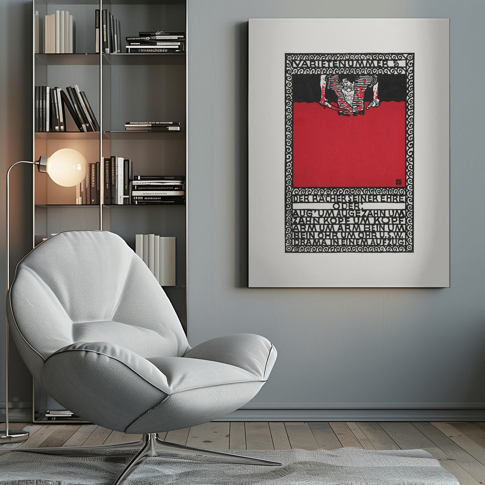 A vintage German expressionist poster by Moriz Jung titled 'Varietenummer 5'. The piece features a bold graphic style with stark red, black, and white colors, a tormented figure, and German typography enclosed in an intricate decorative border, all within a black frame. Decor