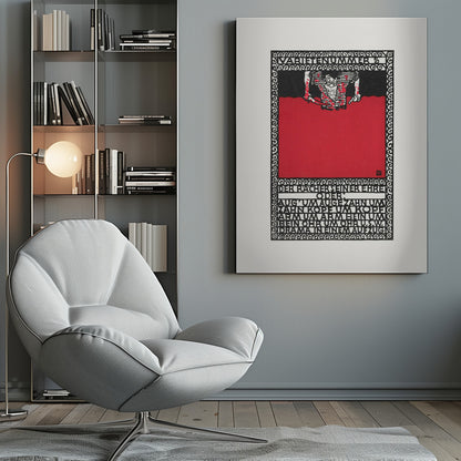 A vintage German expressionist poster by Moriz Jung titled 'Varietenummer 5'. The piece features a bold graphic style with stark red, black, and white colors, a tormented figure, and German typography enclosed in an intricate decorative border, all within a black frame. Decor