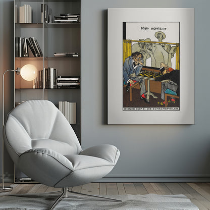 A vintage art poster titled 'WIENER CAFE: DIE SCHACHSPIELER' depicting a tense chess match. One player with disheveled hair intensely studies the board, while his opponent has slumped over in defeat. Onlookers watch the game from behind a yellow curtain. Wall Art