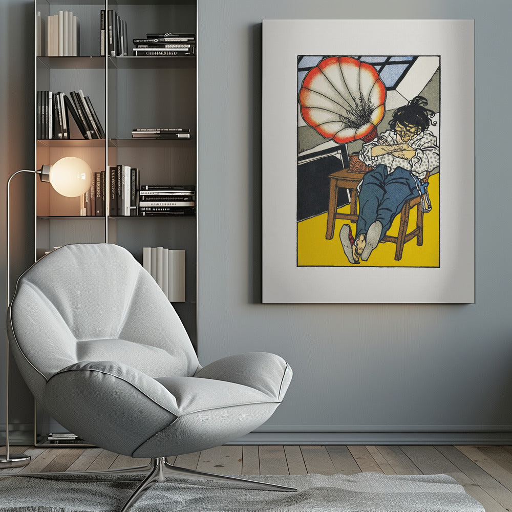 A Japanese woodblock-style print showing a person asleep in a chair next to a gramophone with a large, red and white, shell-shaped horn. The figure wears glasses, a patterned shirt, and blue trousers, and the room has a bright yellow floor. Wall Art