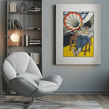 A Japanese woodblock-style print showing a person asleep in a chair next to a gramophone with a large, red and white, shell-shaped horn. The figure wears glasses, a patterned shirt, and blue trousers, and the room has a bright yellow floor. Wall Art