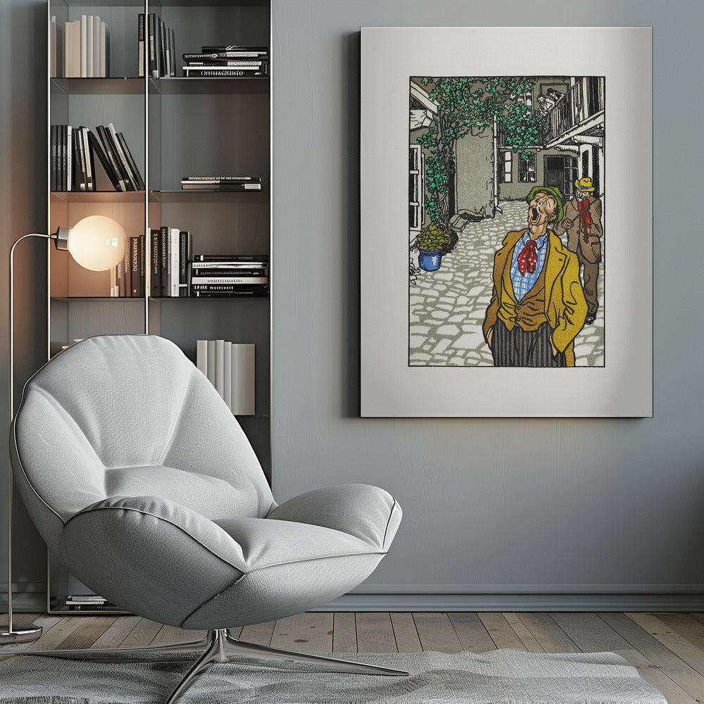 A vintage woodcut-style illustration of a man in a yellow jacket and green hat singing or yelling with his mouth wide open in a cobblestone courtyard. Behind him, another man plays a violin. The scene is framed in black with a white mat. Decor