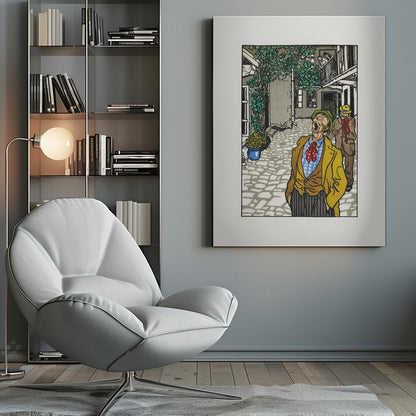 A vintage woodcut-style illustration of a man in a yellow jacket and green hat singing or yelling with his mouth wide open in a cobblestone courtyard. Behind him, another man plays a violin. The scene is framed in black with a white mat. Decor