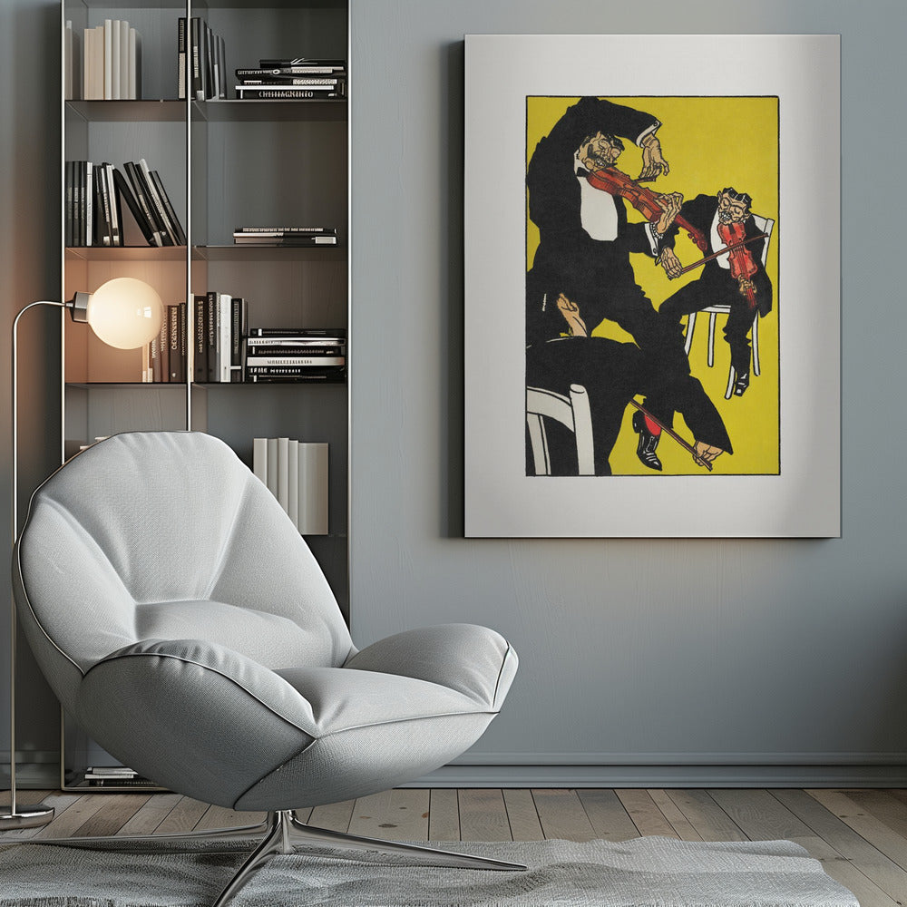 A vintage expressionist illustration featuring three stylized, grotesque male figures in black tuxedos playing violins with chaotic energy. The scene is set against a vibrant, solid yellow background, all framed with a white mat and black border. Artwork