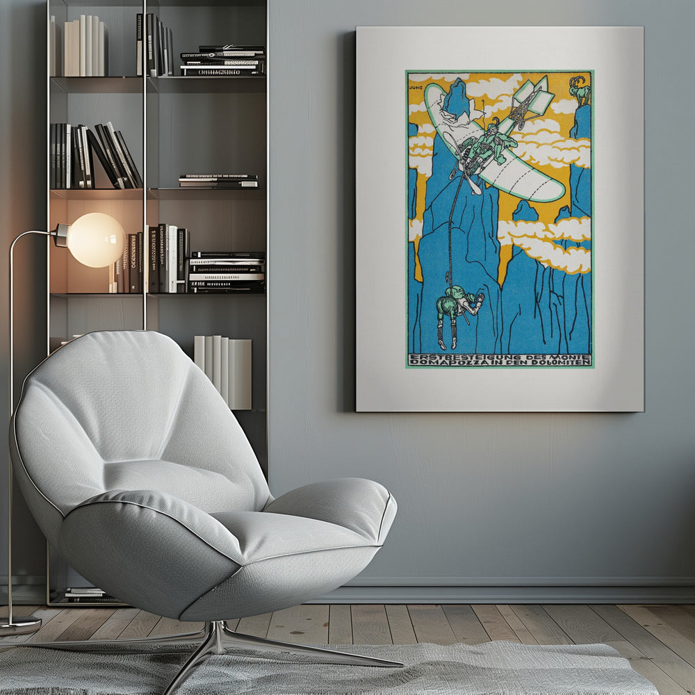 A vintage Art Nouveau style illustration by Jung depicting a fantastical mountain ascent. A small biplane flies over steep blue mountains against a yellow sky, lowering a climber on a rope. A mountain goat watches from a peak. Artwork