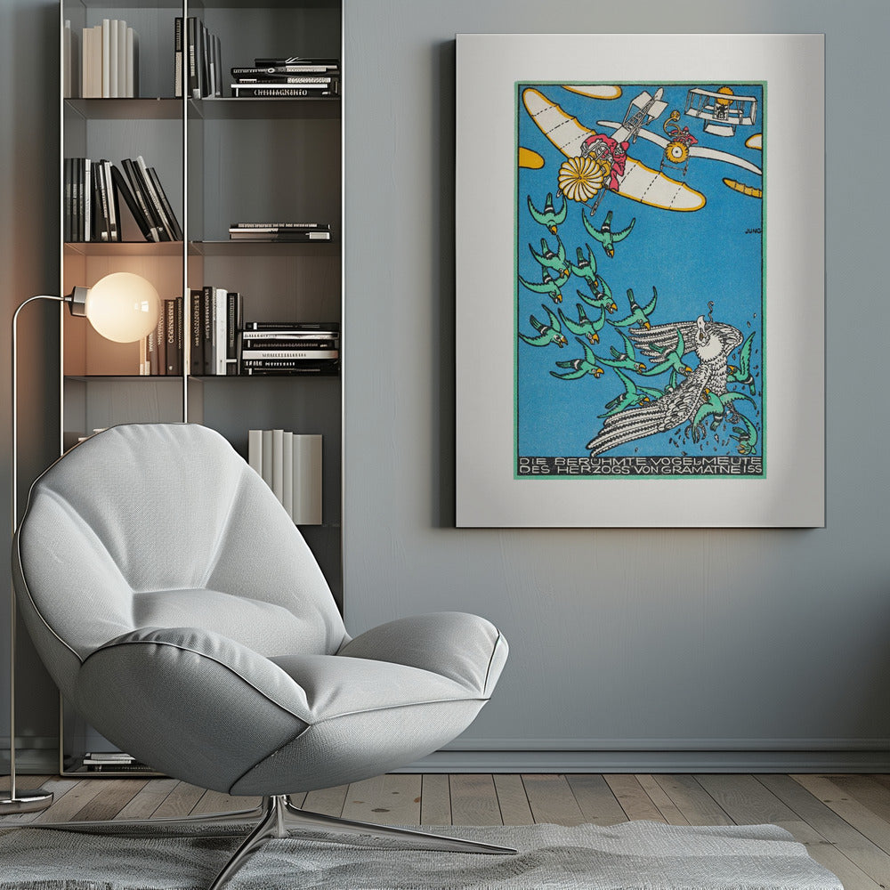 A vintage German illustration by Jung titled 'Die Berühmte Vogelmeute des Herzogs von Gramatneiss', depicting a fantastical aerial scene. Against a bright blue sky, two early airplanes fly above a large flock of green birds herding a large white bird. The style is graphic with bold colors and outlines. Poster