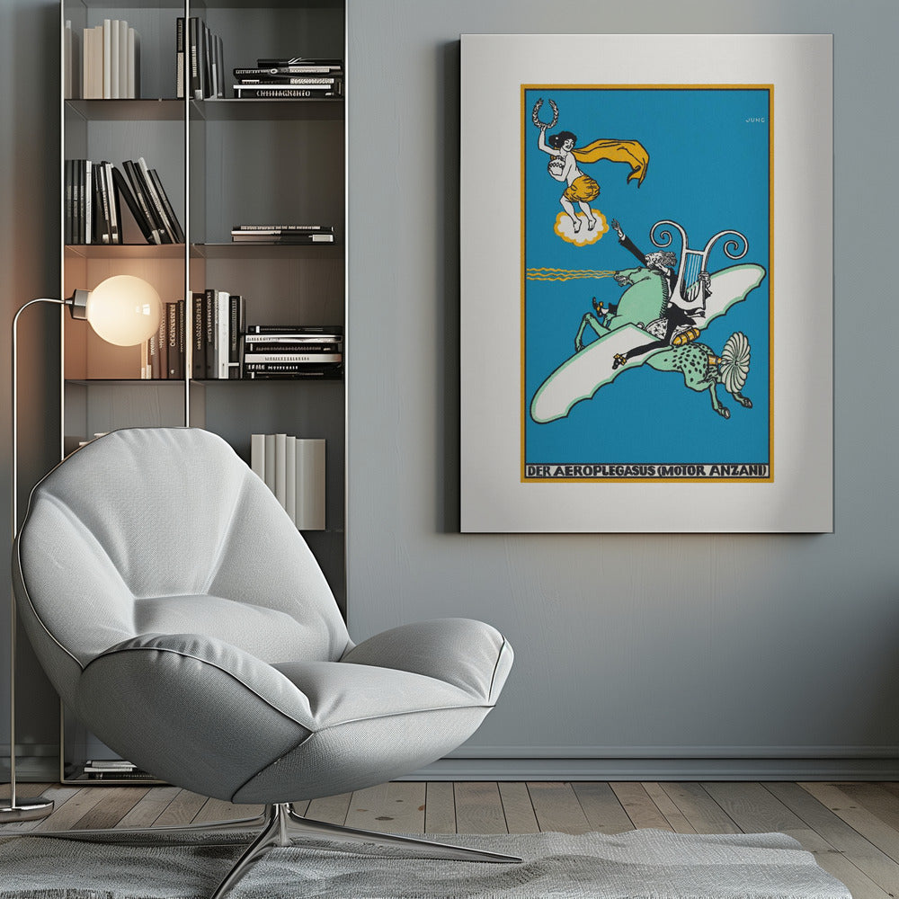 A vintage German illustration titled 'Der Aeroplegasus (Motor Anzani)' by Jung, featuring a whimsical scene against a bright blue background. A man in a tuxedo rides a green, winged horse with mechanical parts, holding a lyre, while a woman on a cloud above offers a laurel wreath. Print