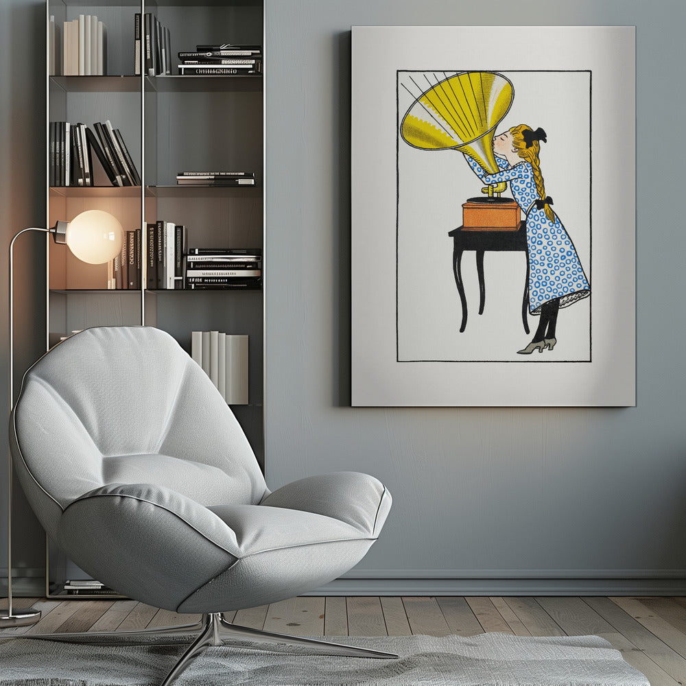 A vintage-style color illustration of a young girl with blonde braids and a blue patterned dress kissing the large yellow horn of a phonograph that sits on a small black table. Poster