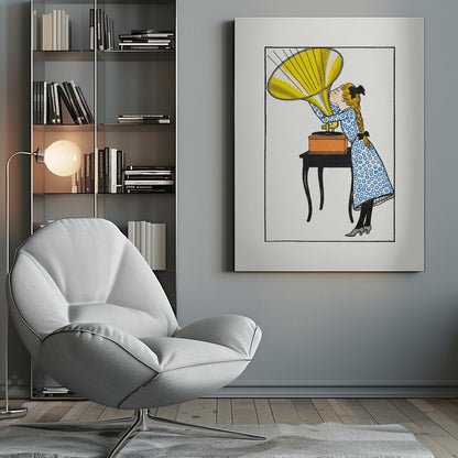 A vintage-style color illustration of a young girl with blonde braids and a blue patterned dress kissing the large yellow horn of a phonograph that sits on a small black table. Poster
