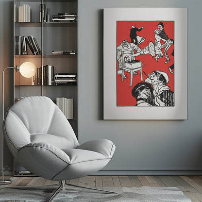 A vintage-style black and white illustration on a bright red background depicting a chaotic and lively dance scene. Several couples dance with exaggerated, energetic movements. In the foreground, a sailor with a cigarette gets close to a woman, and to the left, a large, muscular man operates a record player that is sitting on a chair. Wall Art