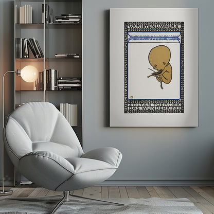 A vintage poster in a black frame, featuring a stylized golden fetus-like figure playing a small violin while floating against a white background. The illustration is contained within a decorative border of black and blue geometric patterns with text at the top and bottom reading 'VARIETENUMMER 6' and 'ZOLTAN TOEROEK DAS WUNDERKIND'. Poster