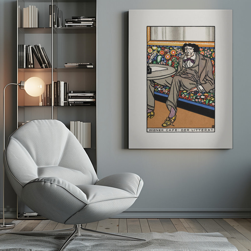 A framed art print titled 'Wiener Cafe: Der Litterat', depicting a stylized illustration of a writer in a Viennese cafe. The man, with a gaunt face and dark hair, sits on a brightly colored, floral-patterned bench, wearing a grey suit, striped socks, and yellow shoes. A table beside him holds an inkwell and quill. Decor