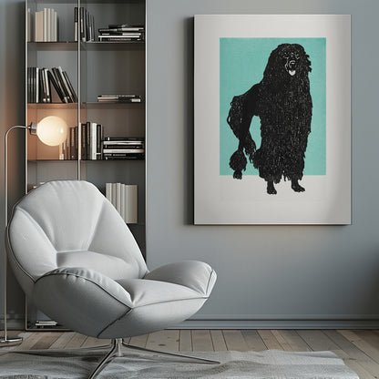 A framed block print of a black corded poodle standing in profile against a solid teal background. The dog's textured, shaggy coat is depicted in black ink with fine white lines creating detail. The artwork is surrounded by a white mat and a simple black frame. Artwork