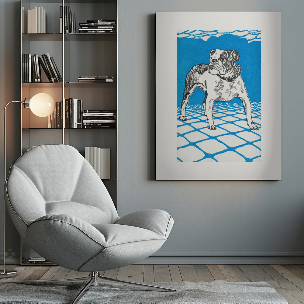 A framed graphic illustration of an English bulldog. The dog is white with black line-art details and stands on a white tiled floor outlined in blue. The background is a solid, bright blue, creating a bold and stylized look. Decor