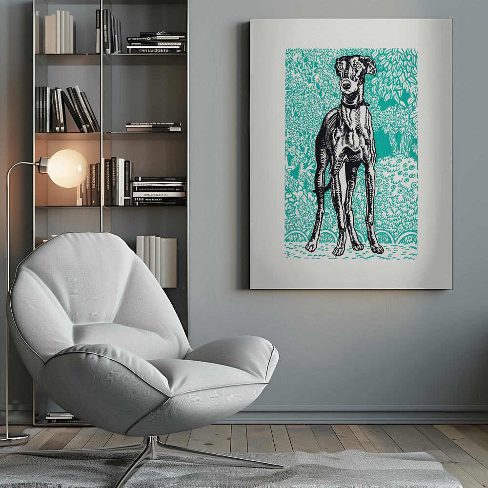 A framed linocut-style print of a black and white greyhound standing alert against a vibrant teal background patterned with stylized trees and foliage. Poster
