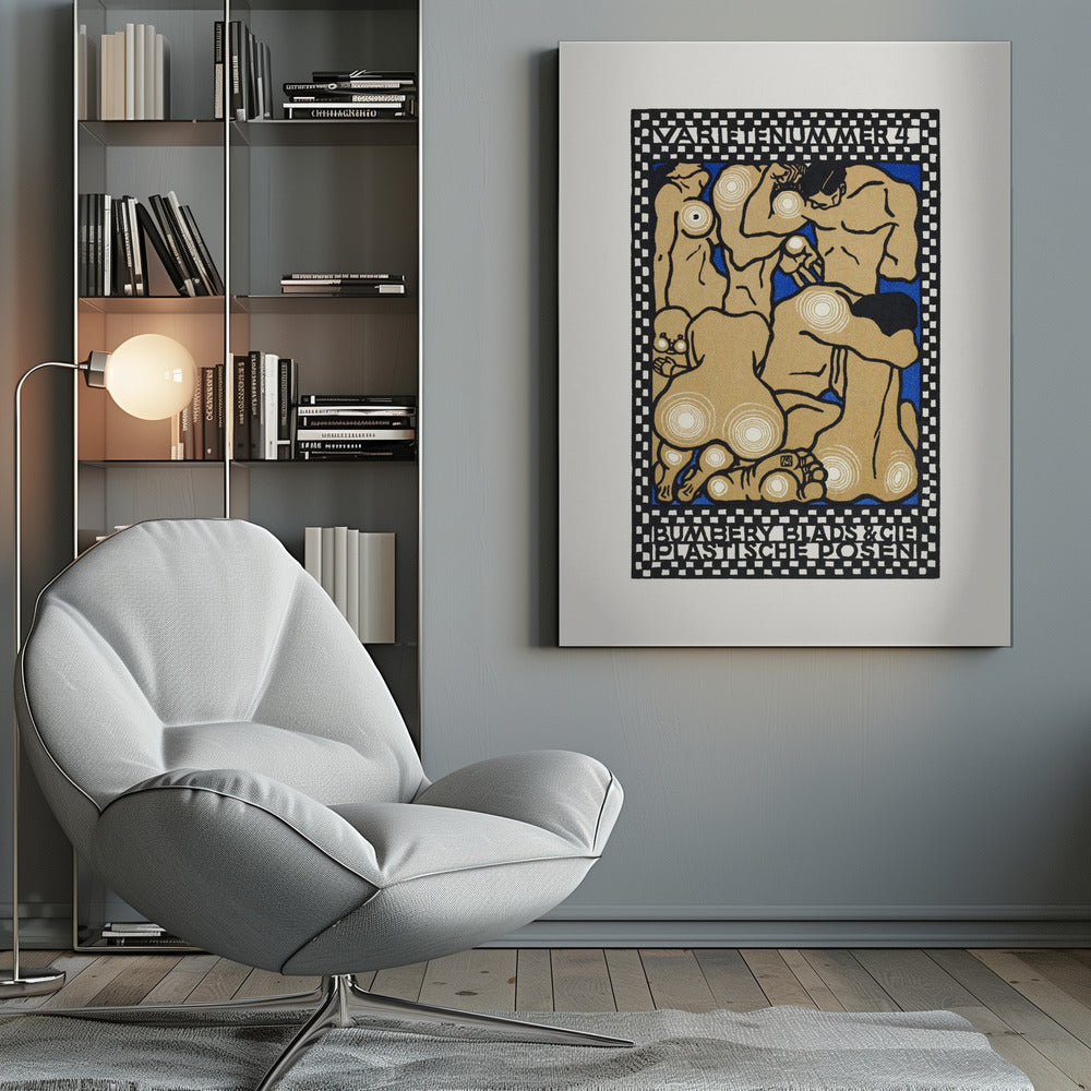 A vintage Art Nouveau style poster featuring stylized nude figures in various poses against a vibrant blue background. The figures are tan with thick black outlines and white concentric circles on their joints and bodies. The artwork is framed by a black and white checkered border with text at the top reading 'VARIETENUMMER 4' and at the bottom 'BUMBERY BLADS & CIE PLASTISCHE POSEN'. Artwork