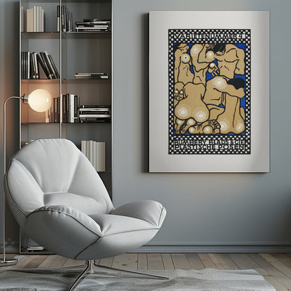 A vintage Art Nouveau style poster featuring stylized nude figures in various poses against a vibrant blue background. The figures are tan with thick black outlines and white concentric circles on their joints and bodies. The artwork is framed by a black and white checkered border with text at the top reading 'VARIETENUMMER 4' and at the bottom 'BUMBERY BLADS & CIE PLASTISCHE POSEN'. Artwork