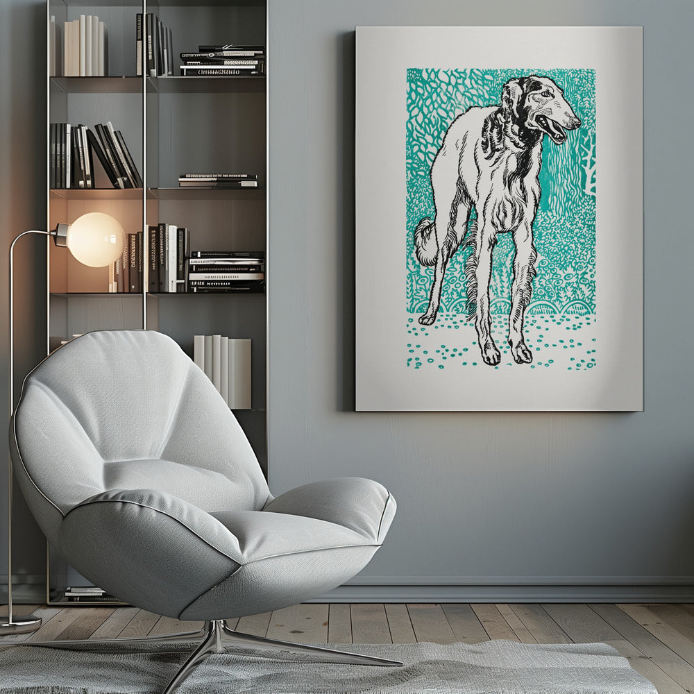 A framed graphic art print featuring a black and white illustration of a slender Borzoi dog. The dog stands facing right against a vibrant teal background with a dense, leafy pattern. The style resembles a linocut or woodblock print. Wall Art