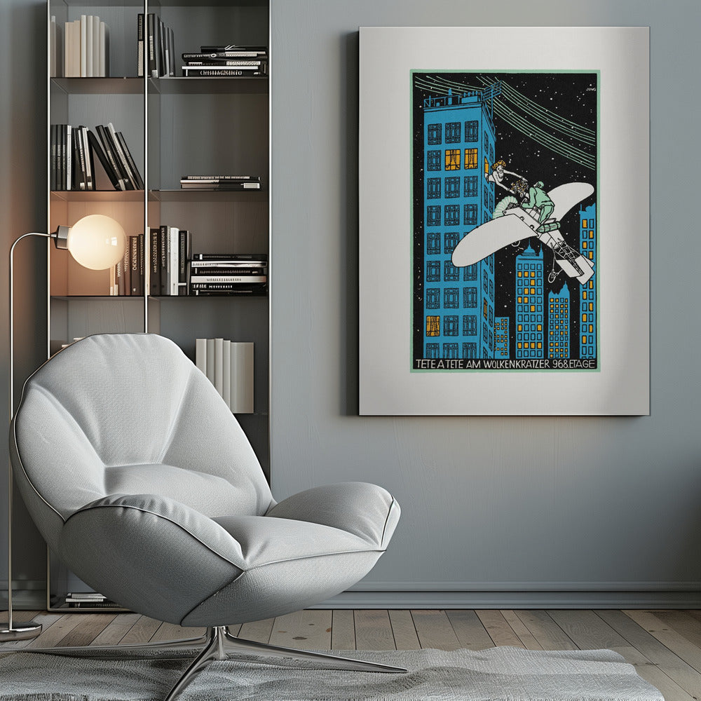 A vintage Art Deco illustration by Jung titled 'Tete a Tete am Wolkenkratzer 968.Etage'. The artwork depicts a man in a small white airplane handing a bouquet of flowers to a woman leaning out of a high-story window of a blue skyscraper against a black, starry night sky. Print