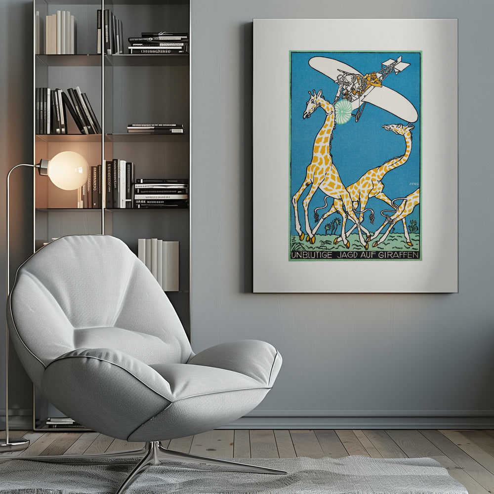 A vintage German illustration by Jung titled 'Unblutige Jagd auf Giraffen' (Bloodless Hunt for Giraffes). The artwork shows several people in an old-fashioned airplane flying over a herd of running giraffes against a solid blue sky. One person aims a green and white circular device at a giraffe's head. The style is graphic with bold outlines. Decor