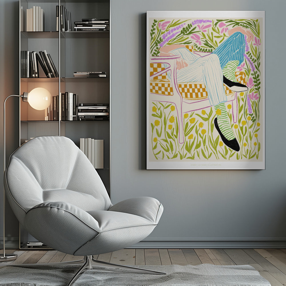 A colorful illustration of a person lounging in a white-framed, yellow-checkered chair amidst a vibrant field of flowers. The figure wears striped pants, green striped socks, and black shoes, with pink, purple, and yellow flowers surrounding them against an off-white background. Poster
