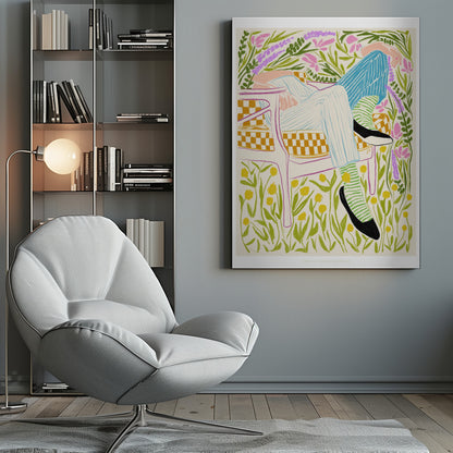 A colorful illustration of a person lounging in a white-framed, yellow-checkered chair amidst a vibrant field of flowers. The figure wears striped pants, green striped socks, and black shoes, with pink, purple, and yellow flowers surrounding them against an off-white background. Poster