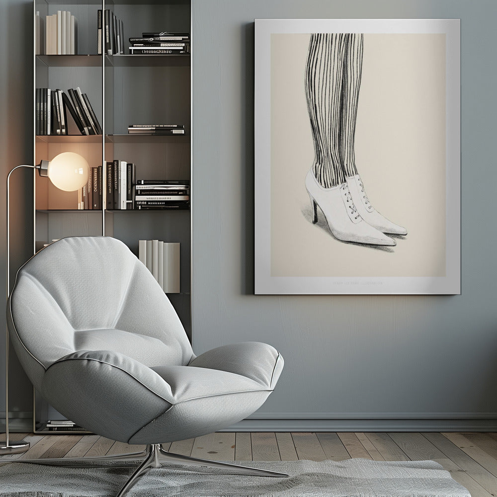 A black and white pencil illustration focusing on the lower legs and feet of a person wearing vertically striped tights and white, pointed-toe, lace-up stiletto heels against a cream background. Artwork