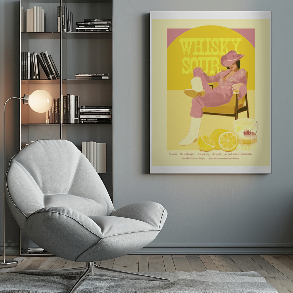 A vintage-style poster for a Whisky Sour cocktail, featuring an illustration of a woman in a pink jumpsuit, cowboy hat, and white boots relaxing in a chair with a drink. Behind her, a yellow circle displays the text 'WHISKY SOUR'. In the foreground are fresh lemons and a cocktail shaker, with the recipe printed below. Artwork