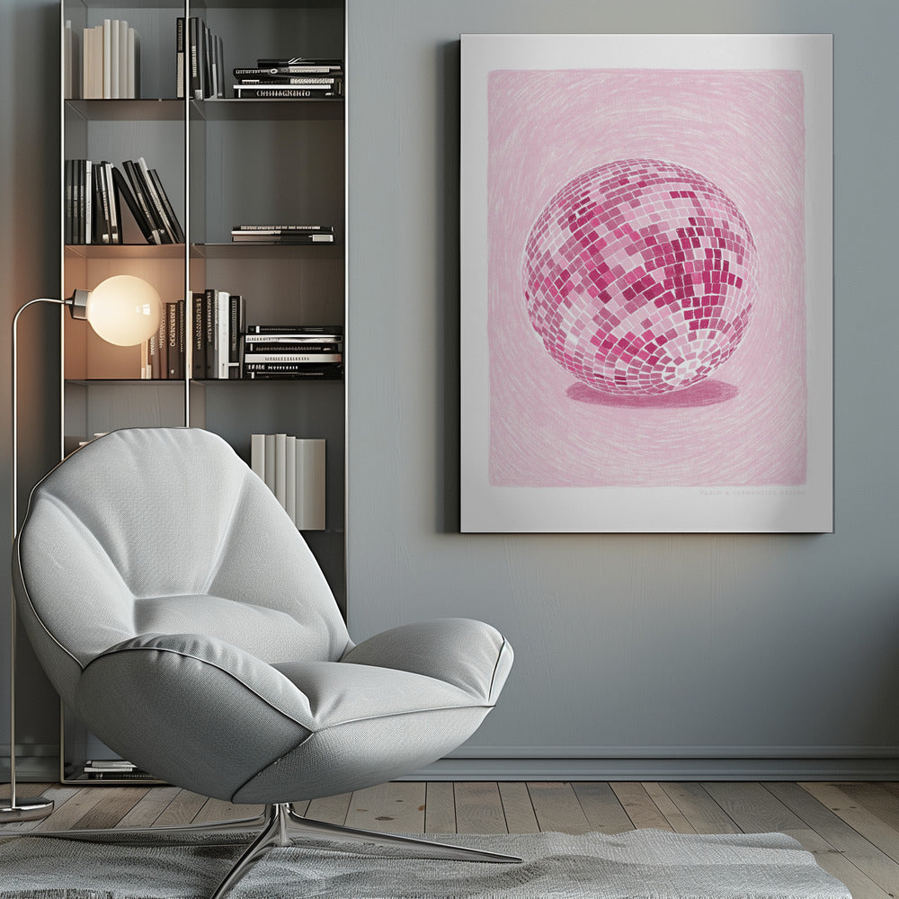 A monochromatic illustration of a disco ball rendered in various shades of pink. The disco ball is centered against a light pink background with a textured, sketchy quality, and it casts a darker pink shadow beneath it. The artwork is shown within a black frame with a white mat. Poster
