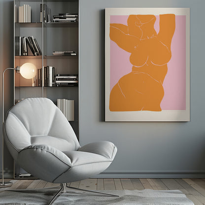 A framed art print with a minimalist illustration of a curvy female torso. The figure is a solid block of orange with delicate white line details, stretching upwards against a soft pink background. Print