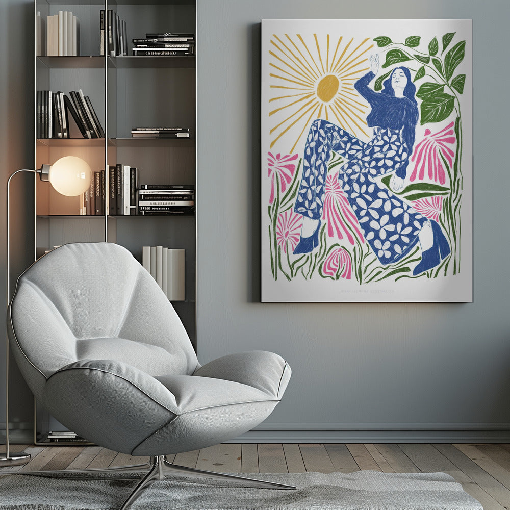 A colorful, stylized illustration of a woman relaxing in a field of large pink flowers under a bright yellow sun. She wears a blue top and blue and white floral pants, with her arm raised lazily. The artwork has a folk art, block-print style. Poster