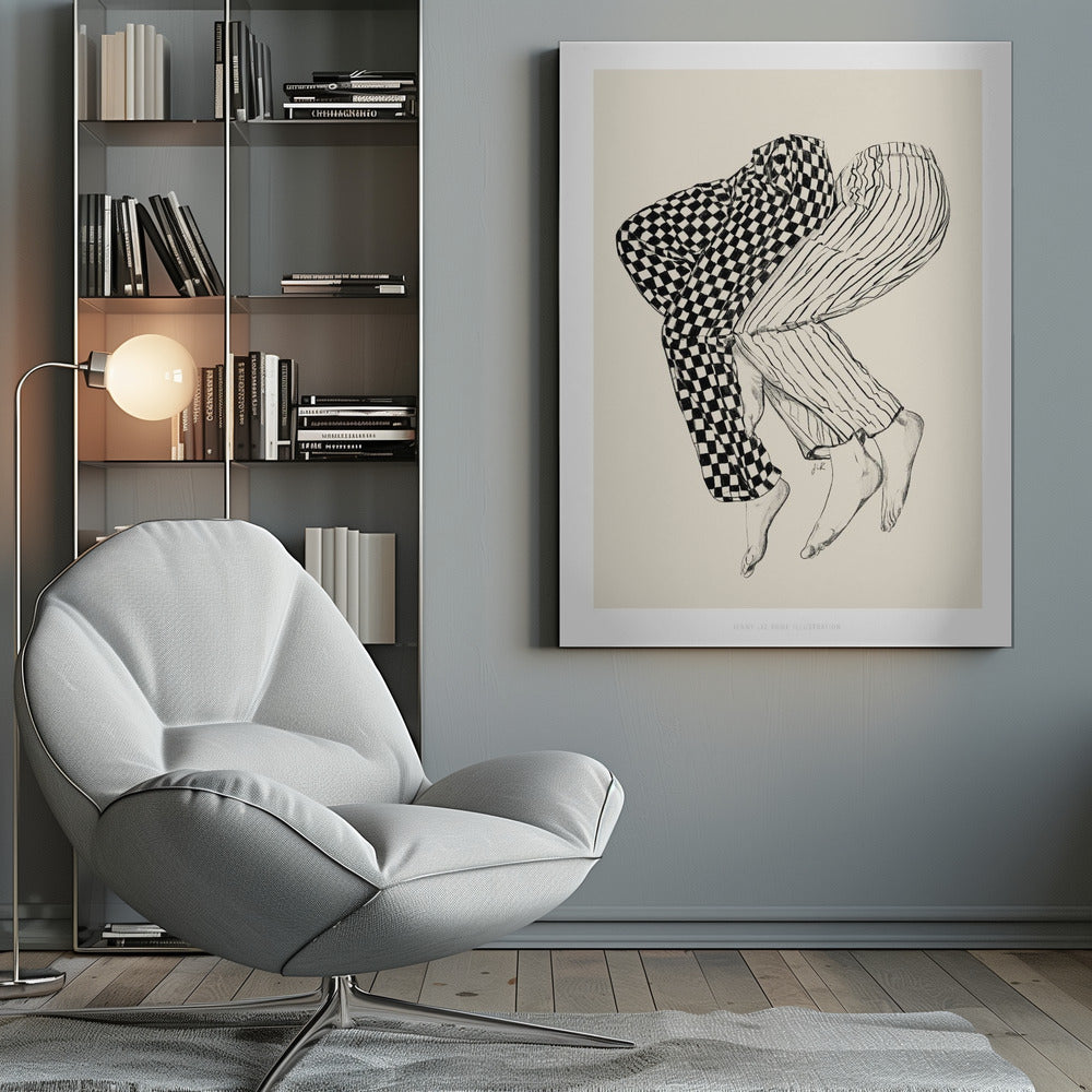 A black and white line drawing of the lower bodies of two people embracing. One figure wears checkered pajamas and the other wears striped pajamas. Their barefoot legs are intertwined and lifted, floating against a solid cream-colored background. Artwork