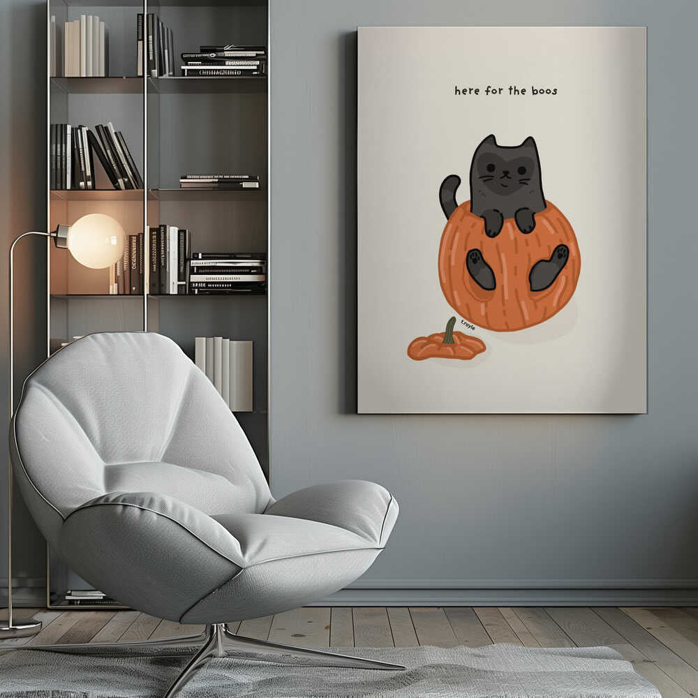A cute cartoon illustration of a black cat sitting inside a hollowed-out orange pumpkin. Above the cat is the text 'here for the boos' in a simple font against a light beige background. The art is signed 'f.royle'. Artwork