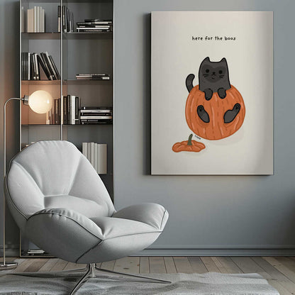 A cute cartoon illustration of a black cat sitting inside a hollowed-out orange pumpkin. Above the cat is the text 'here for the boos' in a simple font against a light beige background. The art is signed 'f.royle'. Artwork
