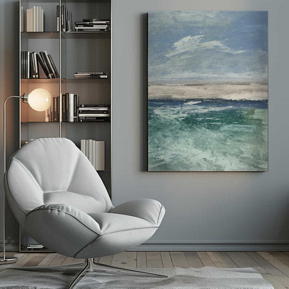 Abstract painting of an ocean scene with a sandy beach under a cloudy blue sky. Modern coastal wall art.