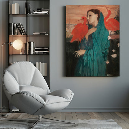 A vintage painting of a pensive woman draped in a teal robe, standing on a balcony with two vibrant scarlet ibis birds. In the background, a cityscape with minarets is visible under an orange sunset sky. Wall Art