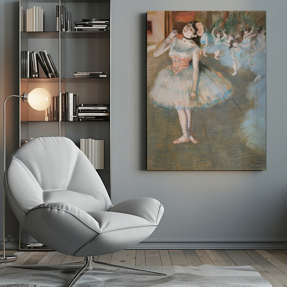 An impressionist painting by Edgar Degas titled 'Dancer on Stage' (Le rideau tombe). It depicts a ballerina in the foreground in a white and pink tutu, adjusting her black choker. In the background, a group of other ballerinas in blue tutus are dancing on a stage. Wall Art