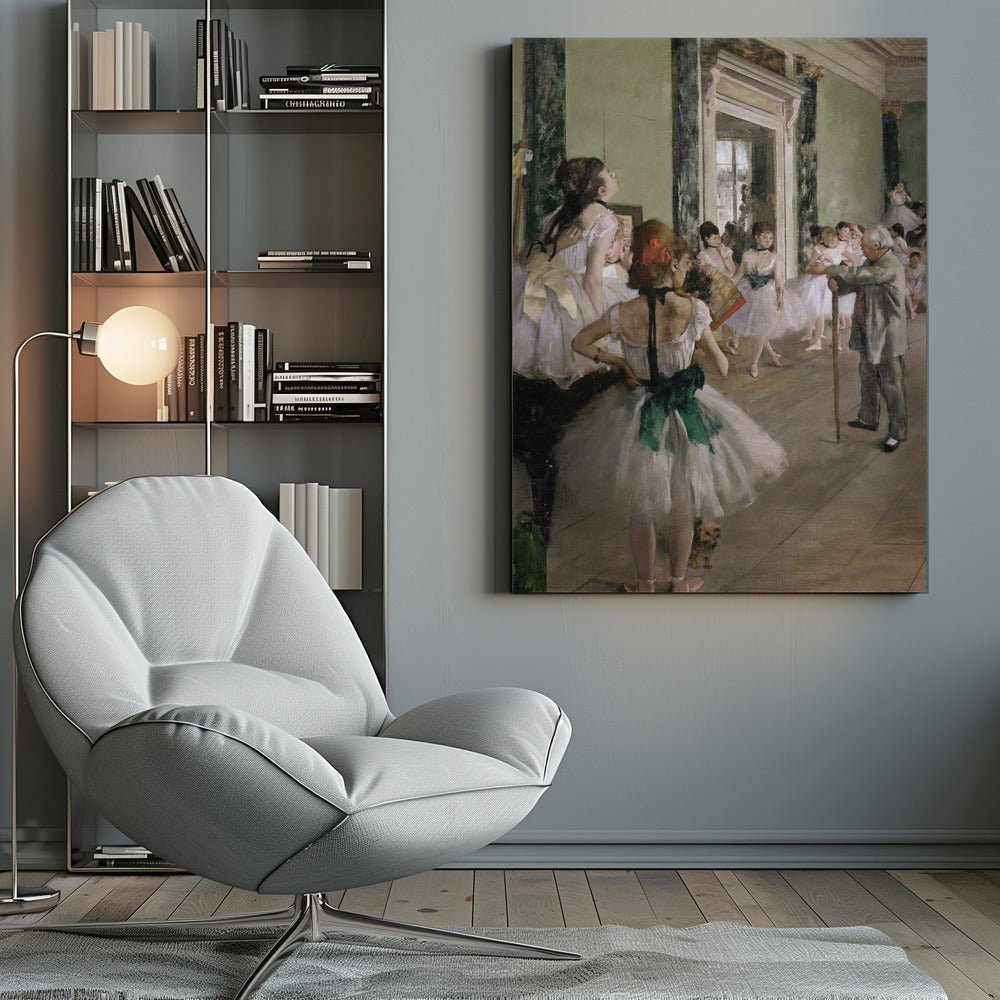 An impressionist painting by Edgar Degas, 'The Dance Class,' depicting a ballet rehearsal in a studio with pale green walls. An elderly ballet master with a cane observes numerous ballerinas in white tutus as they practice and rest. A dancer in the foreground, with her back to the viewer, wears a large green sash. Poster