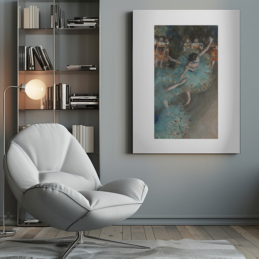 A framed art print of an impressionist painting depicting several ballet dancers on a stage. The central figure is a ballerina in a voluminous light blue tutu, viewed from a high angle. She is mid-pose with arms outstretched. Other dancers in orange and blue costumes are visible in the blurry background. Poster