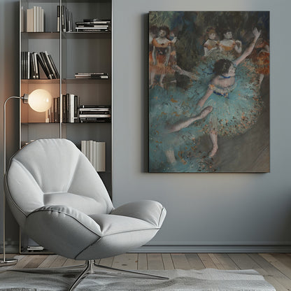 An impressionistic painting of a ballerina in a vibrant turquoise tutu dancing on a stage. She is in the foreground with her arms raised, and other dancers in orange costumes are visible in the softly lit background. Print