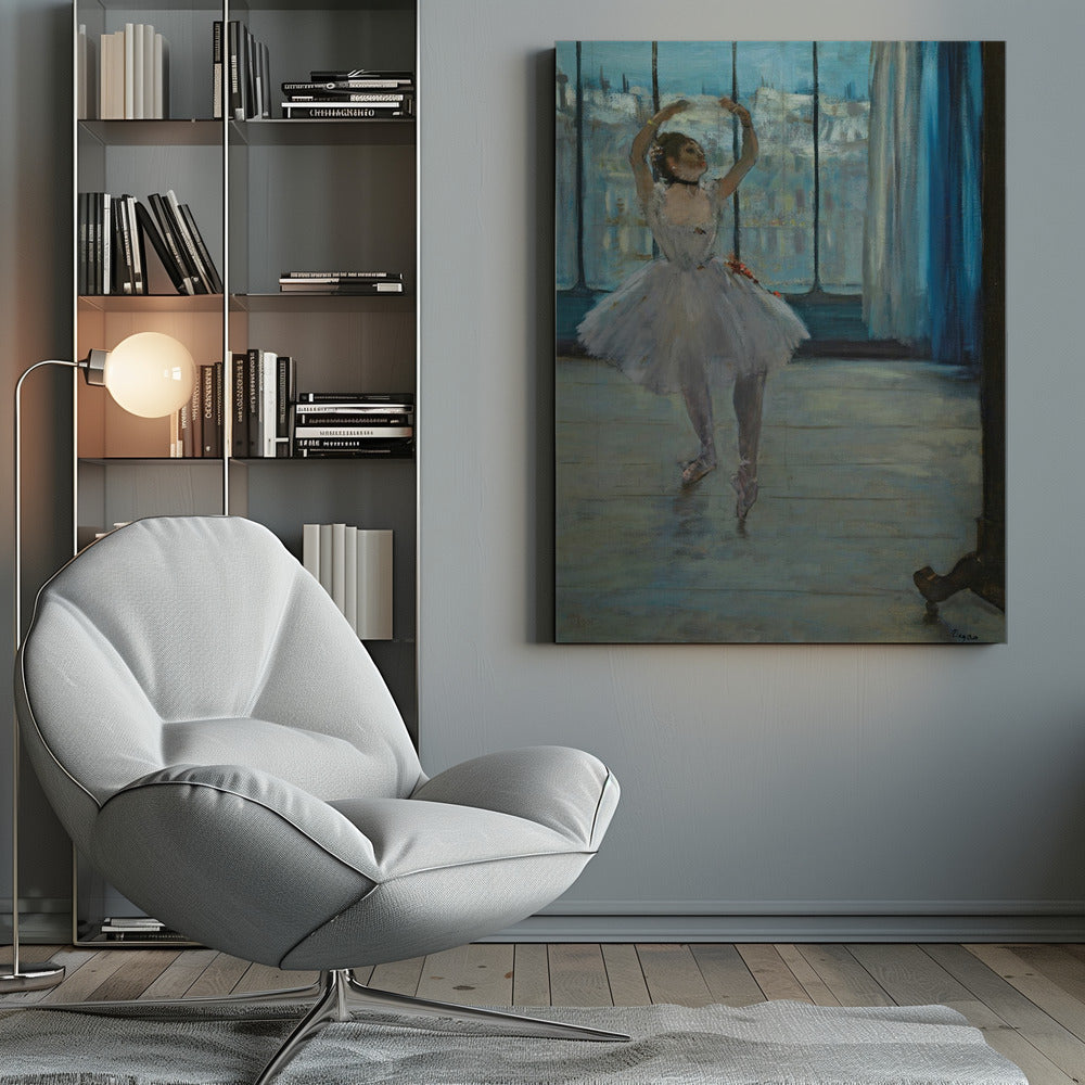 An impressionistic painting by Edgar Degas of a ballerina in a dance studio. The dancer, wearing a white tutu and pointe shoes, stands in a graceful pose with her arms raised above her head. She is positioned in front of a large window that looks out onto a hazy cityscape under a blue sky. The room has a wooden floor and a deep blue curtain to the right. Poster