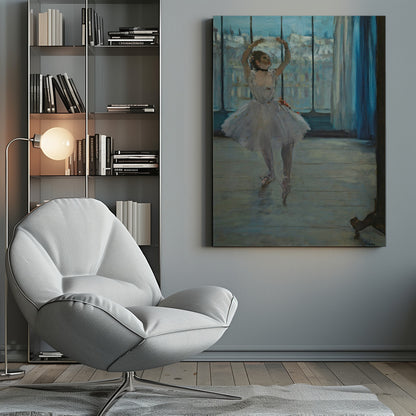An impressionistic painting by Edgar Degas of a ballerina in a dance studio. The dancer, wearing a white tutu and pointe shoes, stands in a graceful pose with her arms raised above her head. She is positioned in front of a large window that looks out onto a hazy cityscape under a blue sky. The room has a wooden floor and a deep blue curtain to the right. Poster